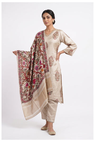 Ivory Floral Printed Silk Suit Set With Designer Dupatta