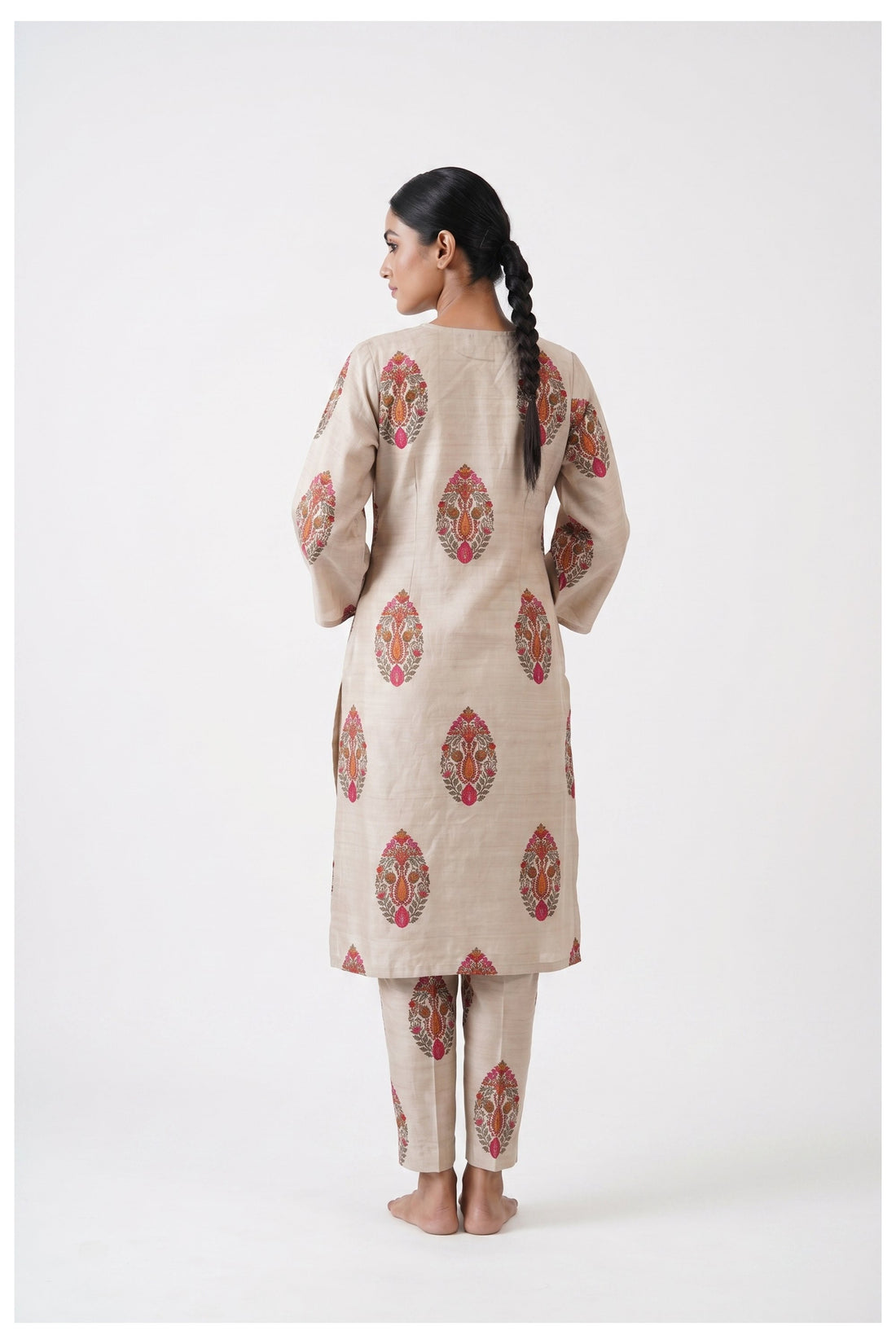 Ivory Floral Printed Silk Suit Set With Designer Dupatta