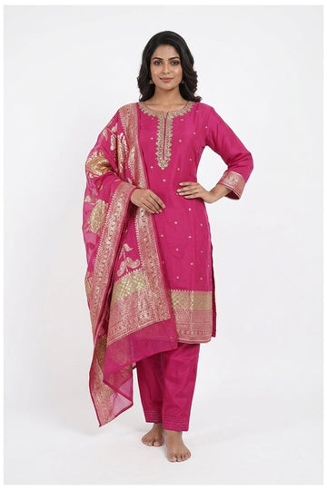 Rani Pink Banarasi Inspired Kurta Set With Dupatta