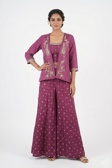 Wine Purple Embroidered Co-Ord Set With Designer Jacket & Flared Palazzo