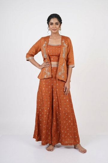 Rust Orange Embroidered Crop Top & Palazzo Set With Jacket