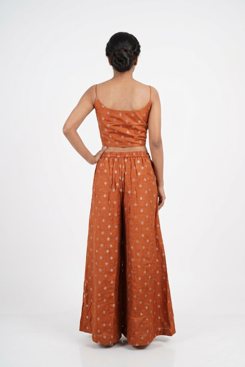 Rust Orange Embroidered Crop Top & Palazzo Set With Jacket
