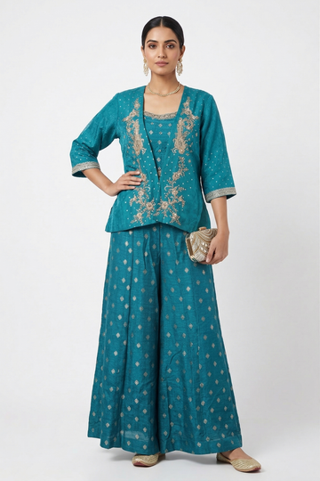 Cadet Blue Embroidered Co-Ord Set With Jacket & Palazzo