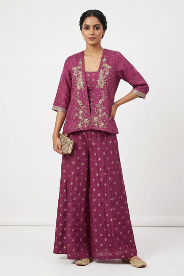 Magenta Zari Embroidered Co-Ord Set With Jacket & Palazzo