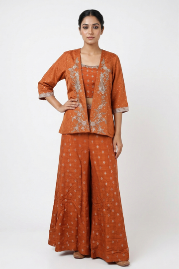 Reddish Copper Zari Embroidered Co-Ord Set With Jacket & Palazzo