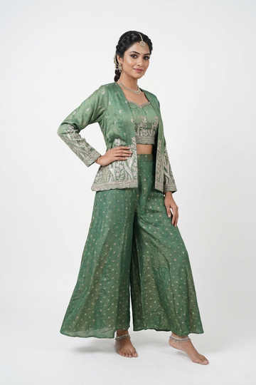 Emerald Green Embroidered Crop Top & Palazzo Set With Jacket