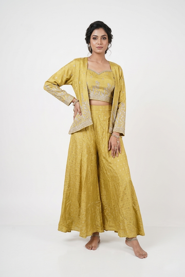 Mustard Yellow Embroidered Crop Top & Palazzo Set With Jacket