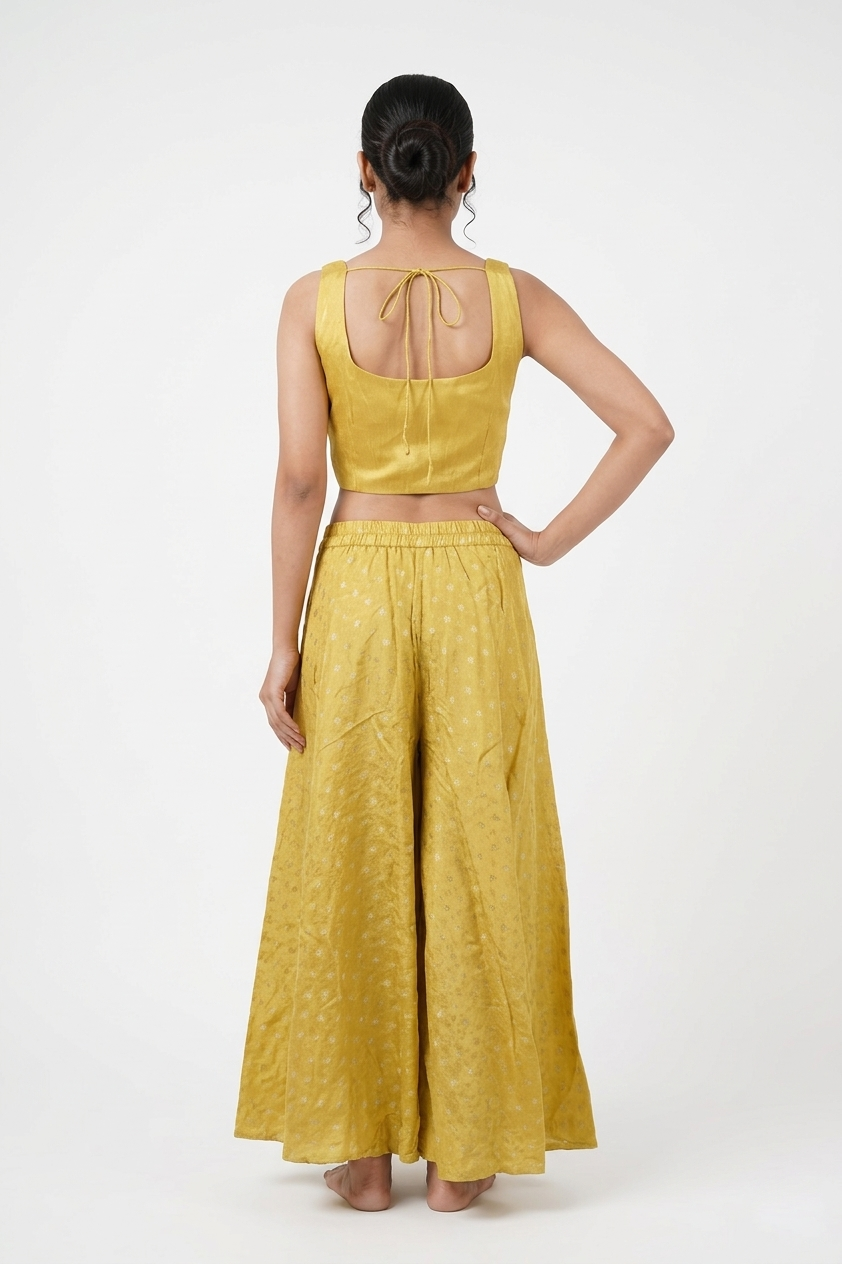 Mustard Yellow Embroidered Crop Top & Palazzo Set With Jacket