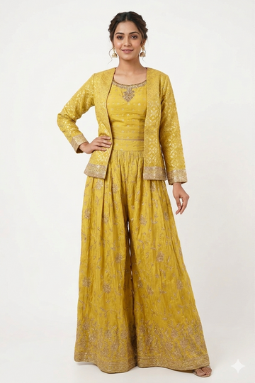 Yellow Indo-western Lehenga Set With Embroidered Jacket & Crop Top