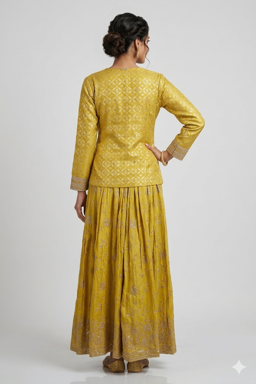Yellow Indo-western Lehenga Set With Embroidered Jacket & Crop Top