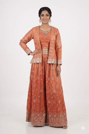 Reddish Copper Indo-western Lehenga Set With Embroidered Jacket & Crop Top