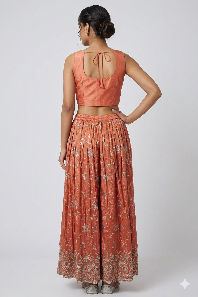 Reddish Copper Indo-western Lehenga Set With Embroidered Jacket & Crop Top