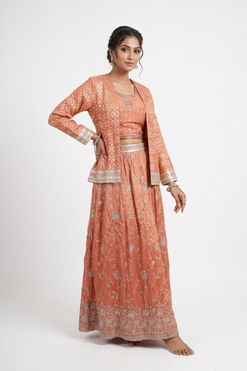 Peach Elegance Handwork Lehenga Set With Jacket