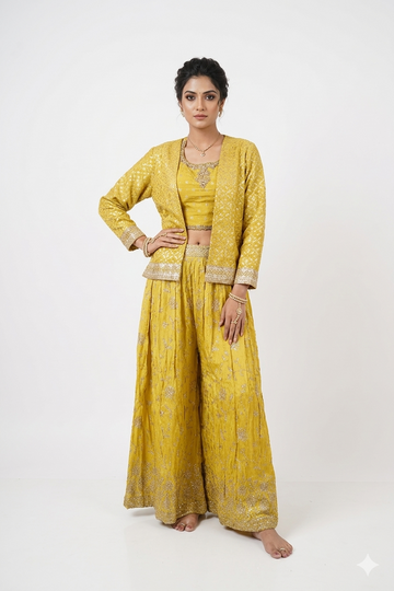 Mustard Yellow Handwork Lehenga Set With Jacket