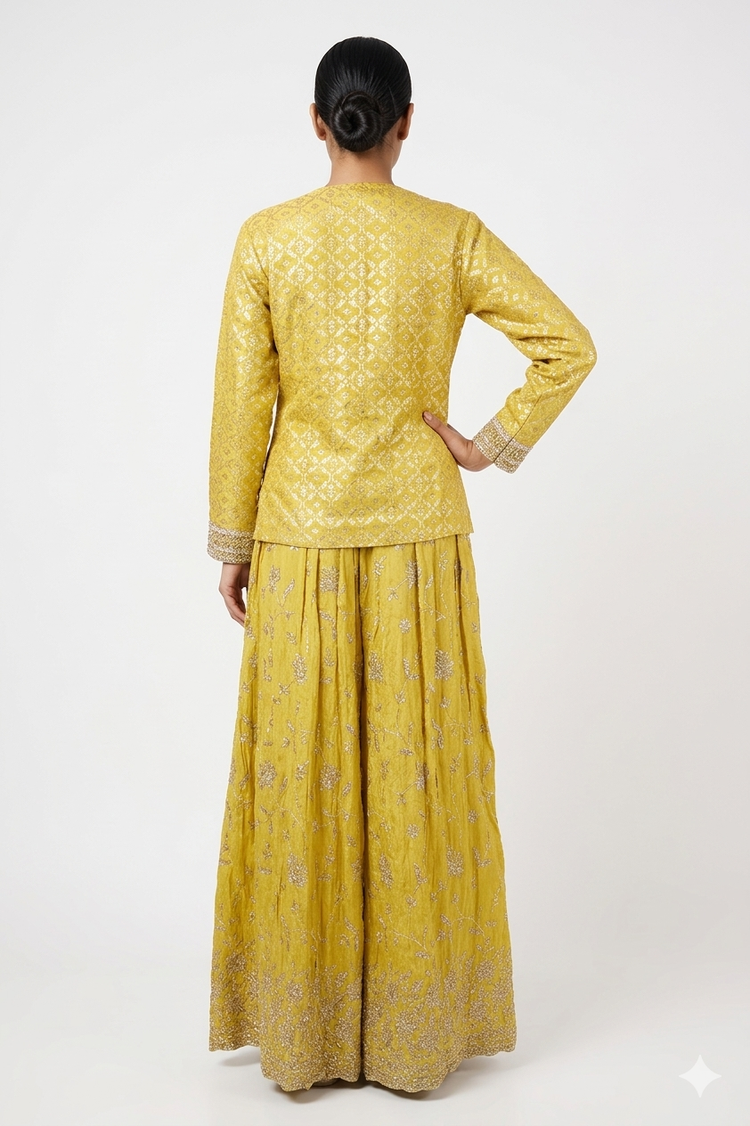 Mustard Yellow Handwork Lehenga Set With Jacket