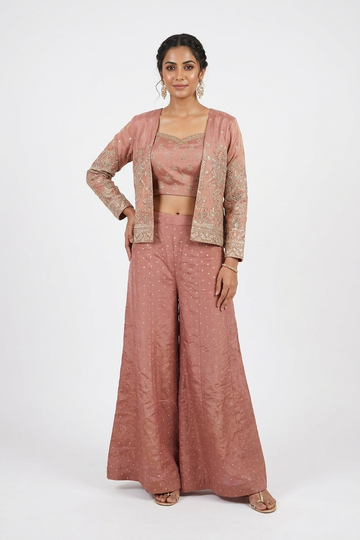 Rose Gold Embroidered Co-Ord Set With Statement Jacket & Flared Palazzo