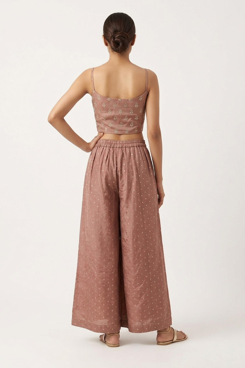 Rose Gold Embroidered Co-Ord Set With Statement Jacket & Flared Palazzo