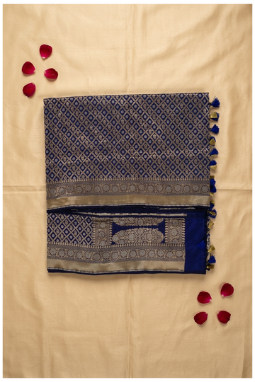 Royal Navy Blue Banarasi Pure Silk All Over Jaal Saree