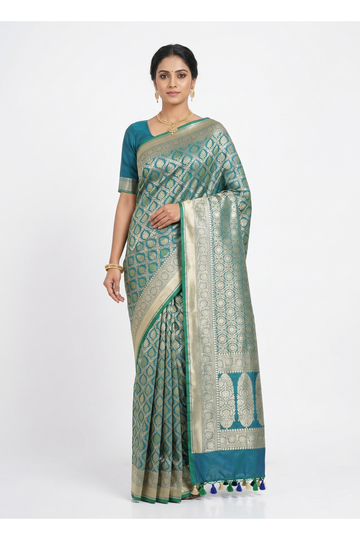 Dark Cadet Blue Pure Banarasi Silk Saree With All Over Butta Weaving
