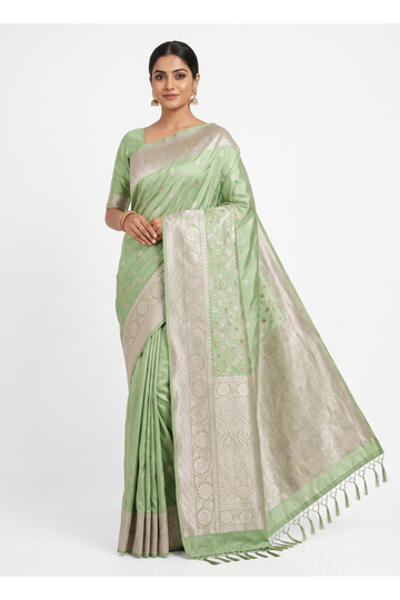 Mint Green Pure Banarasi Silk Saree With Zari Butta Weaving