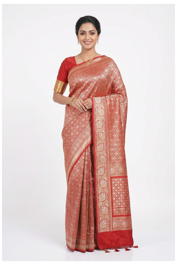 Red Pure Banarasi Silk Saree With All Over Jaal Weaving