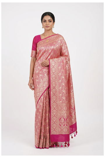 Rani Pink Banarasi Silk Saree With Rich Zari Jaal Weaving