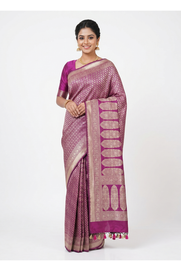 Magenta Pure Banarasi Silk Saree With Geometric Zari Jaal Weaving