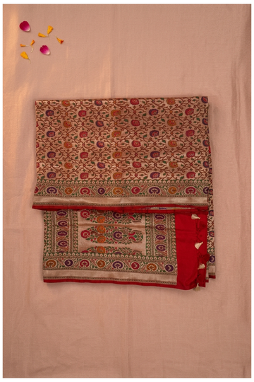 Beige & Crimson Banarasi Pure Silk Floral Jaal Saree