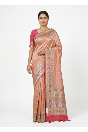 Peach Pink Pure Banarasi Silk Saree With Floral Jaal Weaving