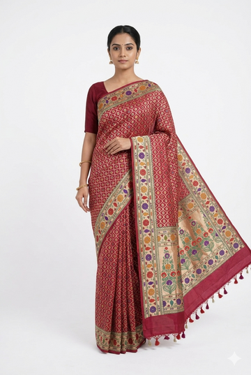 Maroon Pure Banarasi Silk Saree With Multicolor Floral Border Weaving