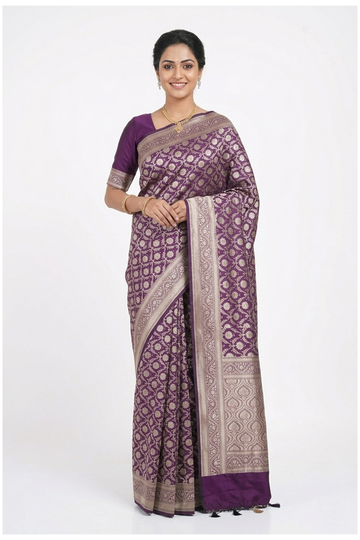 Royal Purple Pure Banarasi Silk Saree With Floral Jaal Zari Weaving