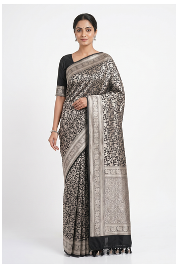 Black Banarasi Silk Saree With Jaal Weaving