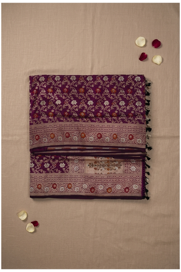 Royal Wine Banarasi Pure Silk Floral Jaal Saree