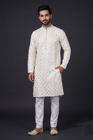 Ivory Gold Foil Printed Festive Kurta For Men