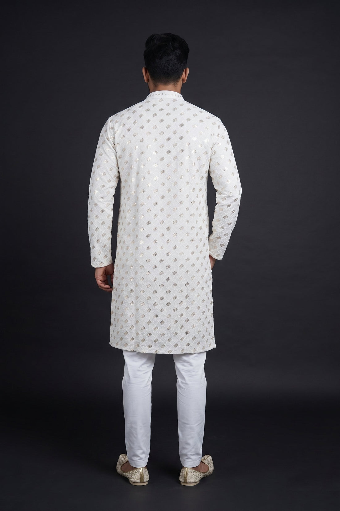Ivory Gold Foil Printed Festive Kurta For Men