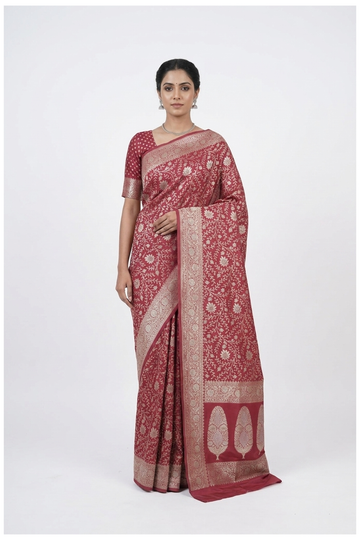 Wine Banarasi Silk Saree With Jaal Weaving