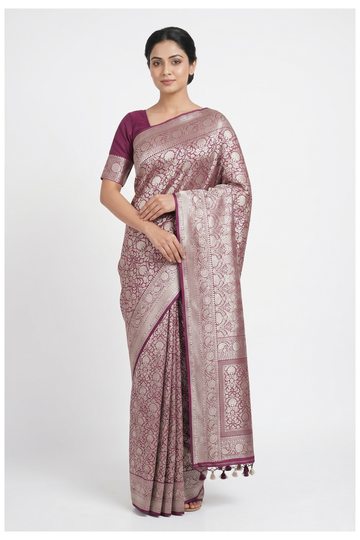 Wine Banarasi Art Silk Wedding Party Saree