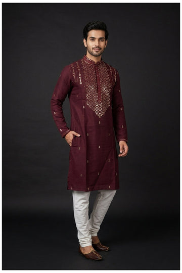 Maroon Mirror Work Men’S Kurta Set