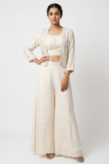 Ivory Embroidered Co-Ord Set With Jacket & Palazzo