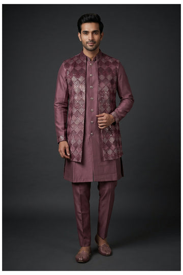 Mauve Koti Kurta Set With Designer Woven Jacket