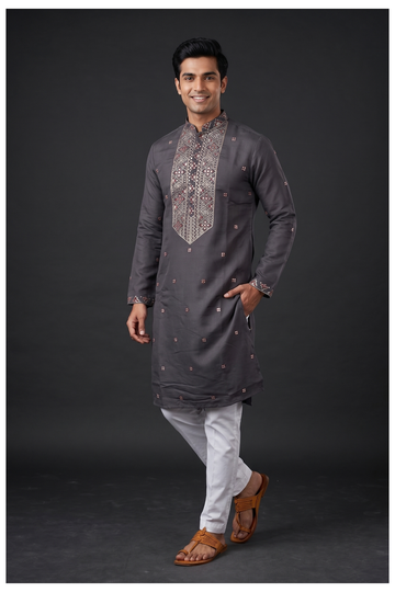 Charcoal Grey Embroidered Festive Kurta Set