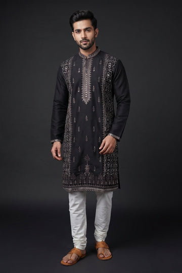Royal Black Embroidered Kurta Set For Men