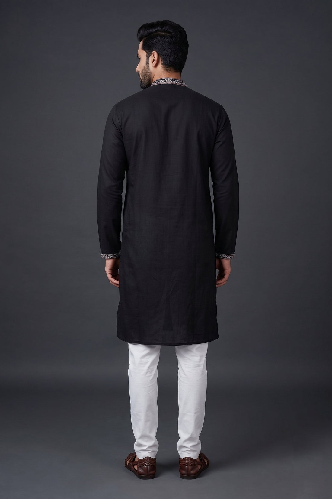 Royal Black Embroidered Kurta Set For Men