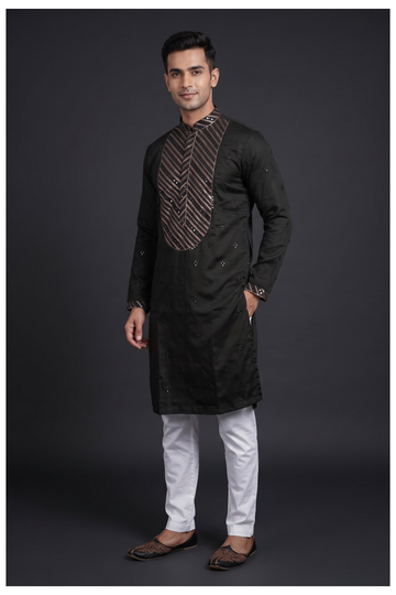 Black Embellished Designer Men'S Kurta