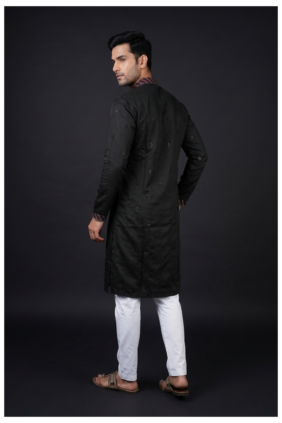 Black Embellished Designer Men'S Kurta