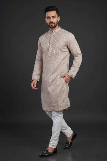 Stone Beige Mirror Embroidered Designer Kurta For Men