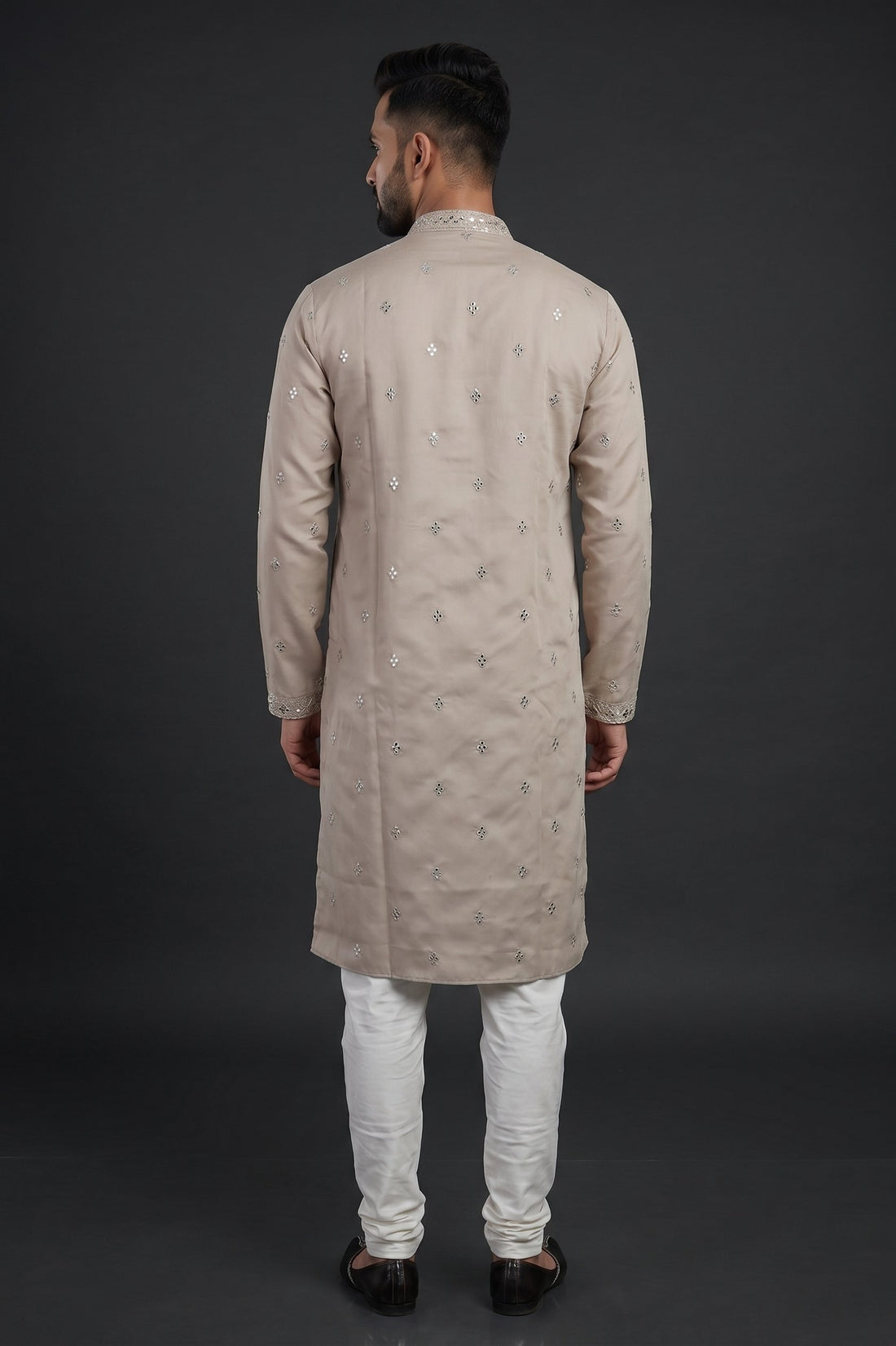 Stone Beige Mirror Embroidered Designer Kurta For Men