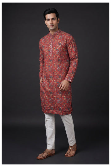 Rust Red Printed Men’S Kurta Set