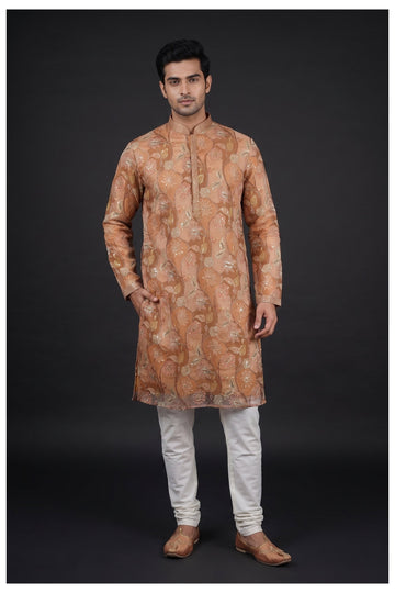 Peach Floral Embroidered Men’S Kurta Set