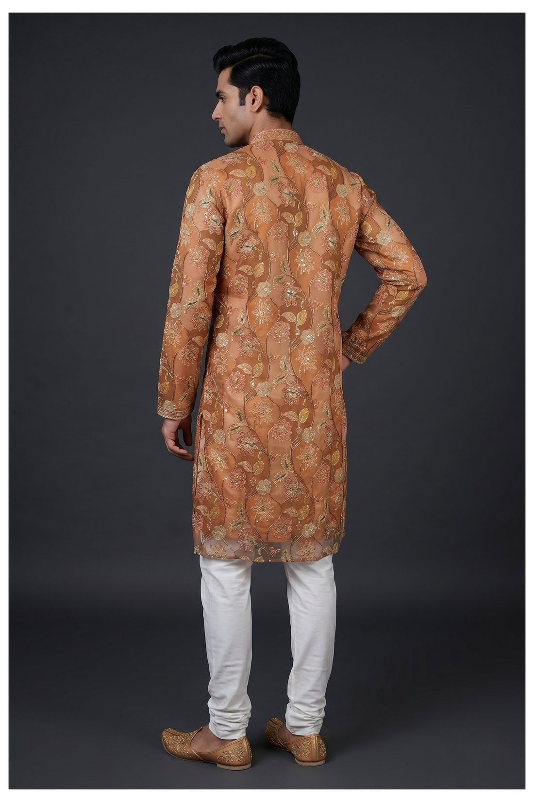 Peach Floral Embroidered Men’S Kurta Set